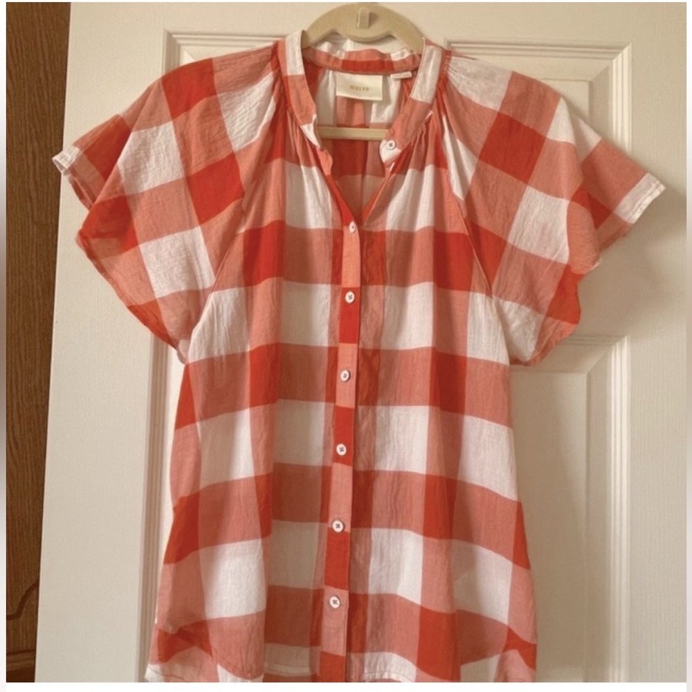 Anthropologie MAEVE Plaid Button Up Short Sleeve Top Orange Size M